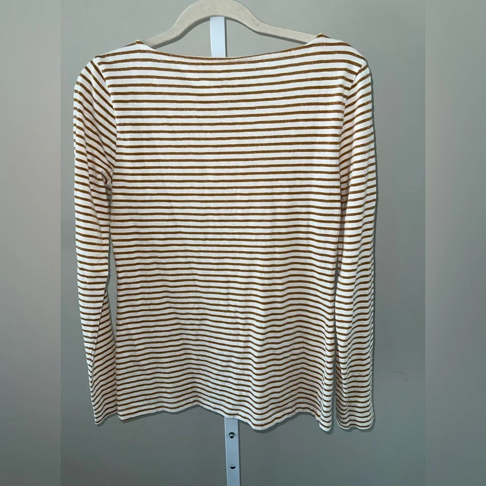 J. Crew Gold Metallic White Striped Long Sleeve Tee Boat Neck Lightweight
